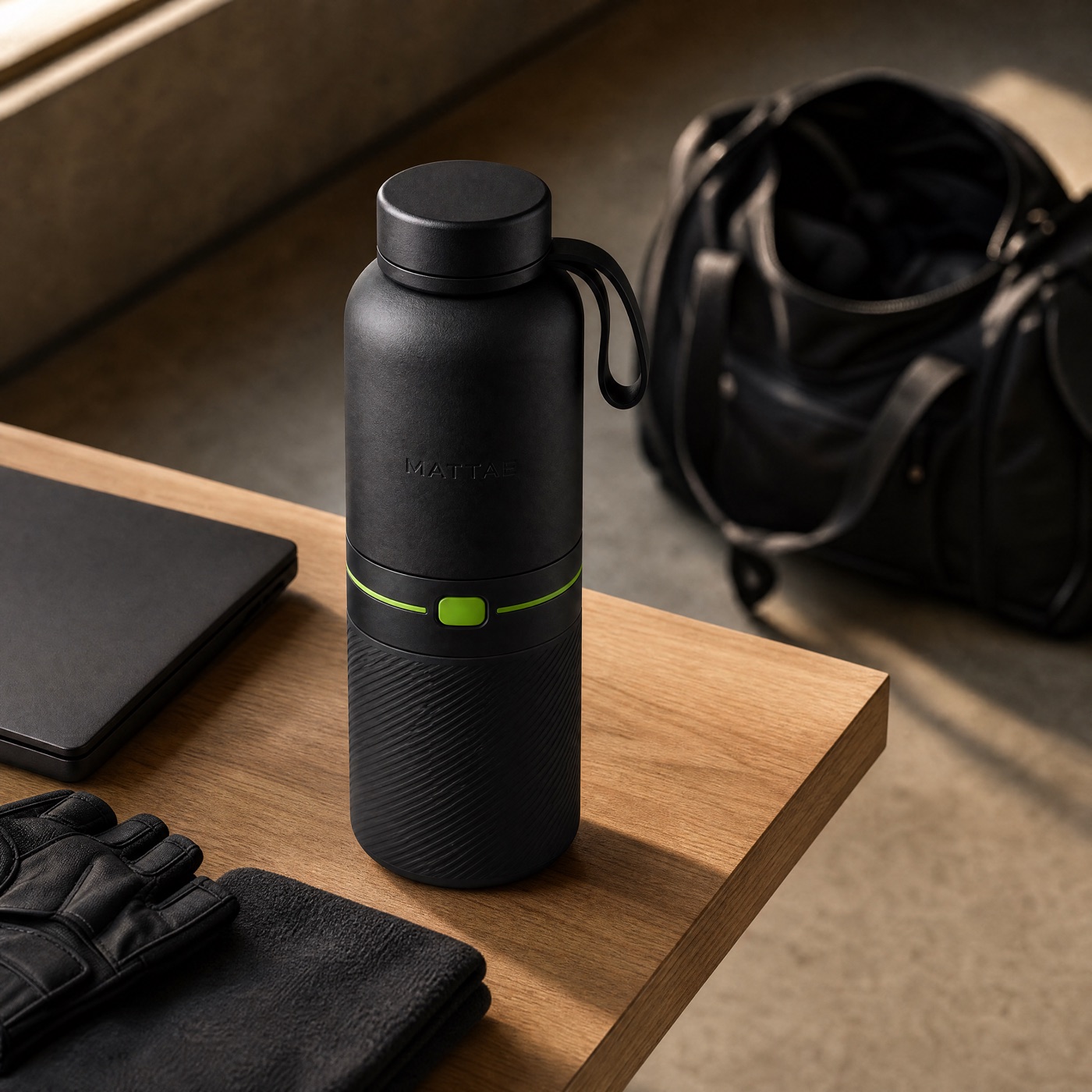 MX-01 in context: matte black bottle on an oak desk, laptop and training gloves to the side, gym bag in the background.