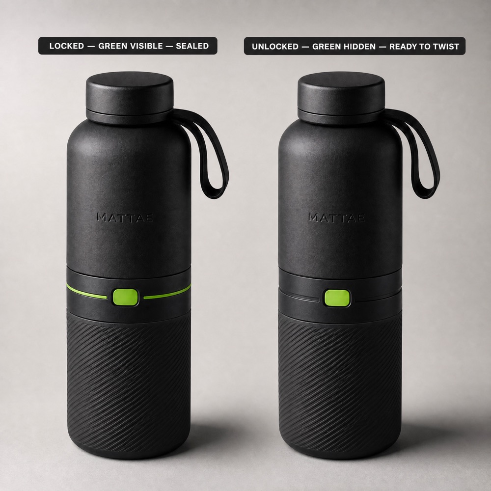 MX-01 locked vs unlocked: lime green stripe visible = sealed. Lime green hidden = ready to twist. Poka-yoke safety indicator.