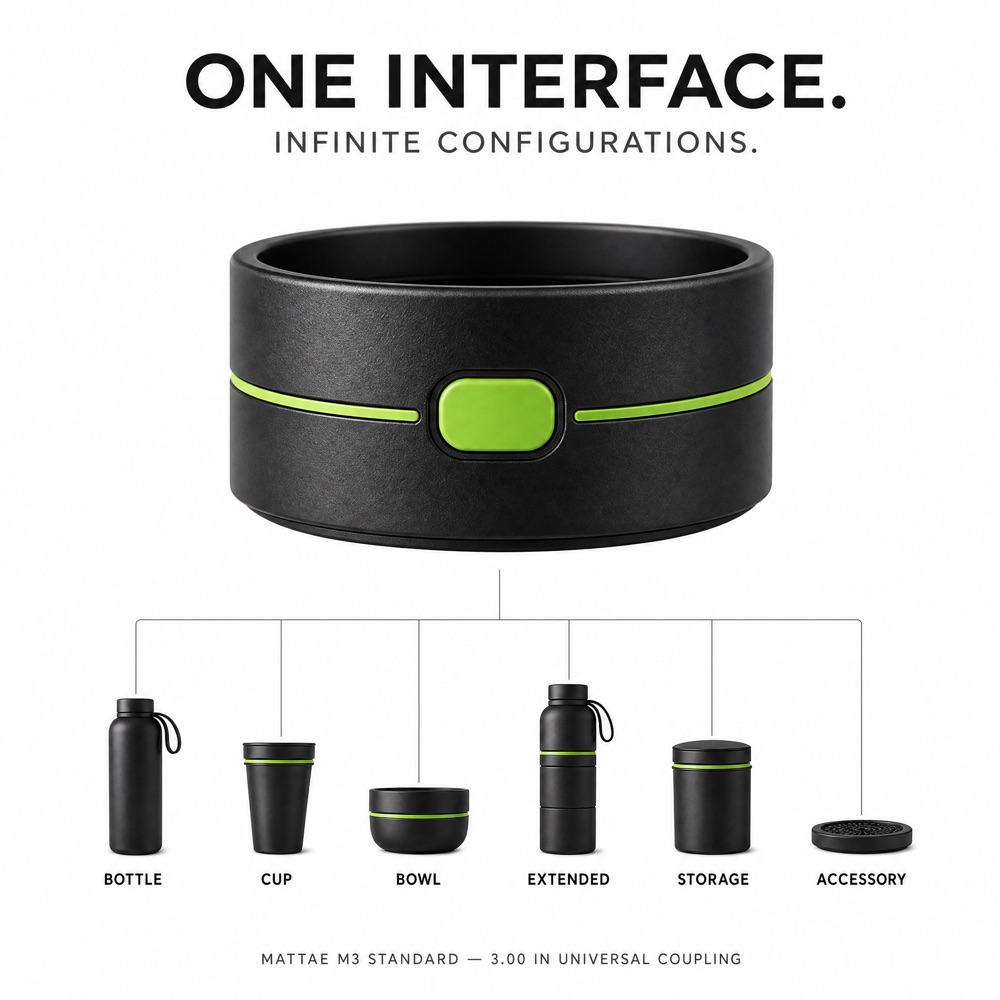ONE INTERFACE. INFINITE CONFIGURATIONS. — MATTAE M3 universal coupling diagram with bottle, cup, bowl, extended, storage, and accessory icons.